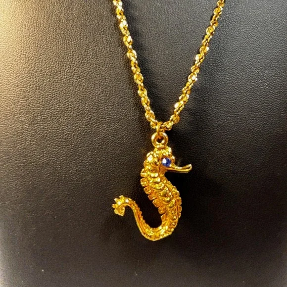Seahorse Pendant Necklace Gold Tone Blue Eye Textured Nautical Jewelry - Picture 4 of 7